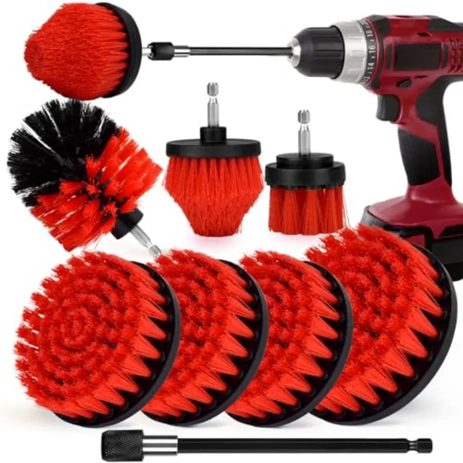 8 Pack Drill Brush Attachment Set, 1/4in Power Scrubber Brush + Extend Long Rod, Multi-Purpose Power Cleaning Scrub Brush for B