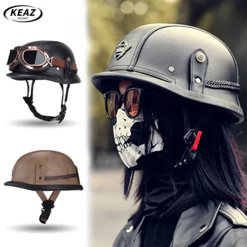 Caschi da moto a mezza faccia per donna e uomo in pelle stile classico tedesco con Googles in rame Capacete De Moto Masculino DOT
