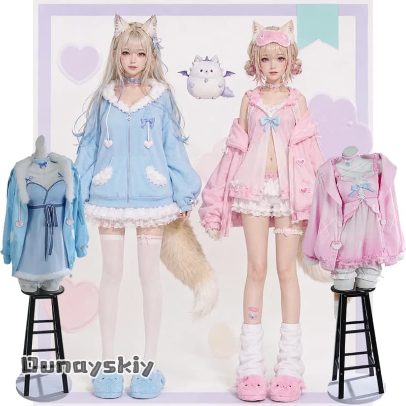 Hololive EN Vtuber Fuwawa Mococo Abyssgard Pajamas Sleepwear Sleepdress Nightdress Nightwear Cosplay Costumes Halloween Disguise