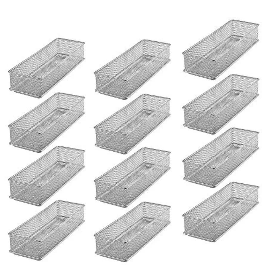Cestino organizer da scrivania in rete argentata per cassetti e/o scaffali, portaoggetti per forniture scolastiche e da ufficio 3x9x