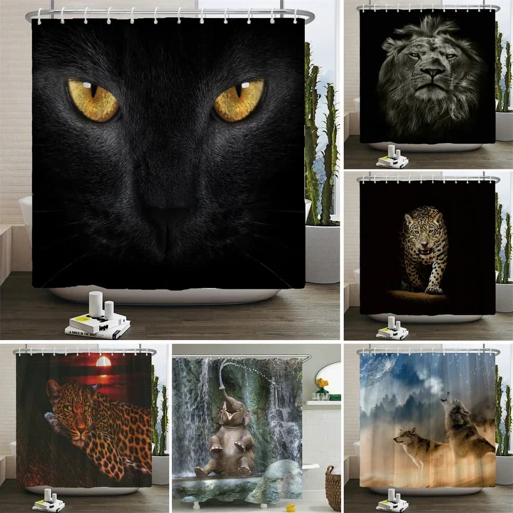 Animali stampati leone, tigre, gatto, elefante, tende da bagno 3D Tenda da doccia per bagno lavabile in tessuto di poliestere impermeabile con gancio