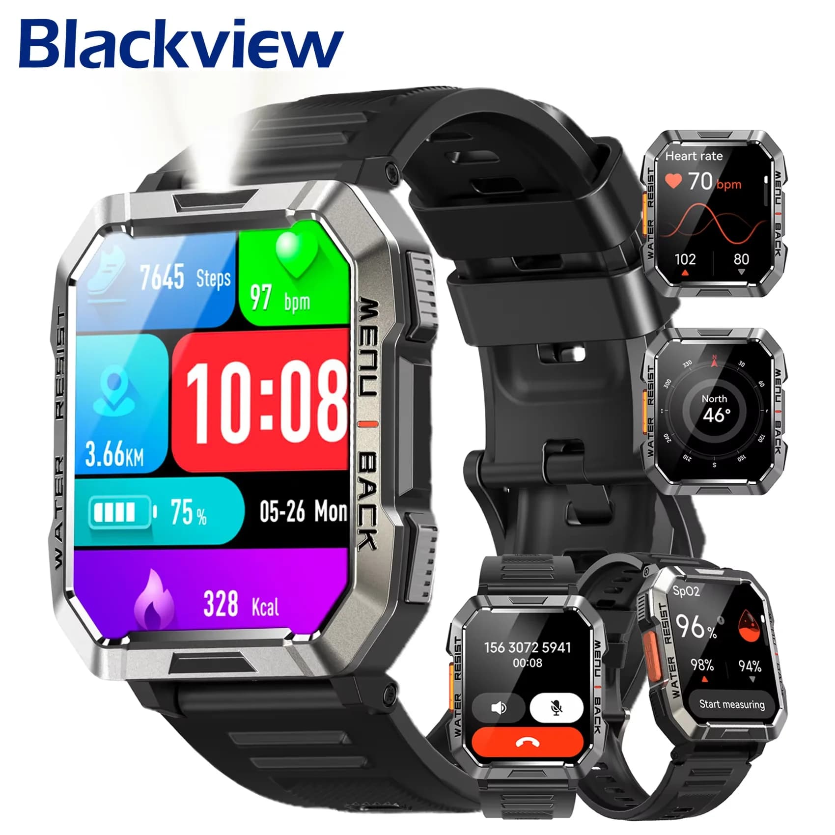 Smartwatch Impermeabile Blackview W60 con Illuminazione d'Emergenza, Schermo da 2.01'', Batteria Grande da 900mAh, Orologio Sportivo BT per Uomo