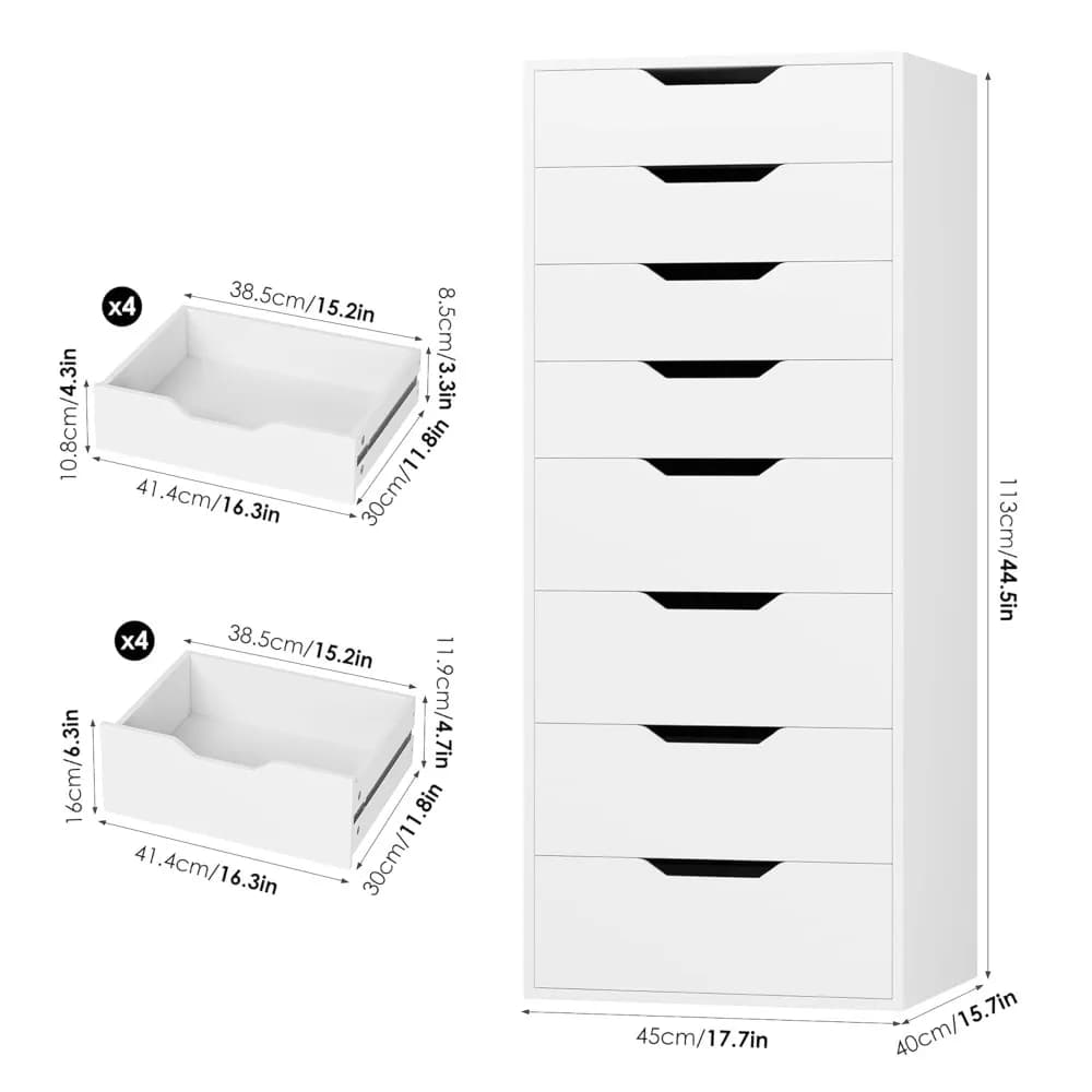 Cassettiera Alta Bianca, Cassettiera a 8 Cassetti con Maniglie Scanalate, Cassettiere Alte Bianche, Cassettiera Moderna con Cassetti Grandi, Personalizzabile