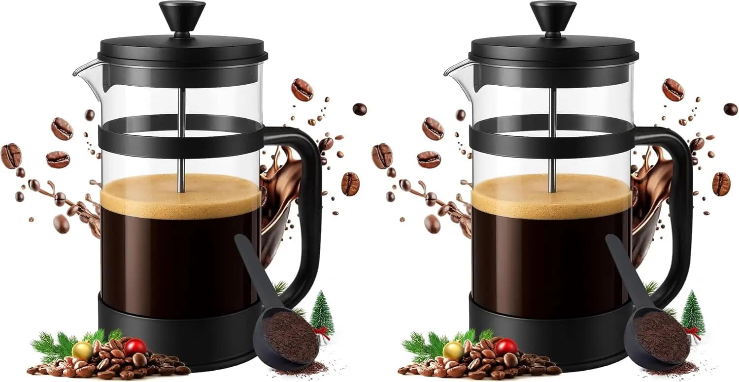 34 oz Borosilicate Glass French Press Coffee Maker, Heat-Resistant Cafetiere, Thickened Glass, Black (Pack of 2)