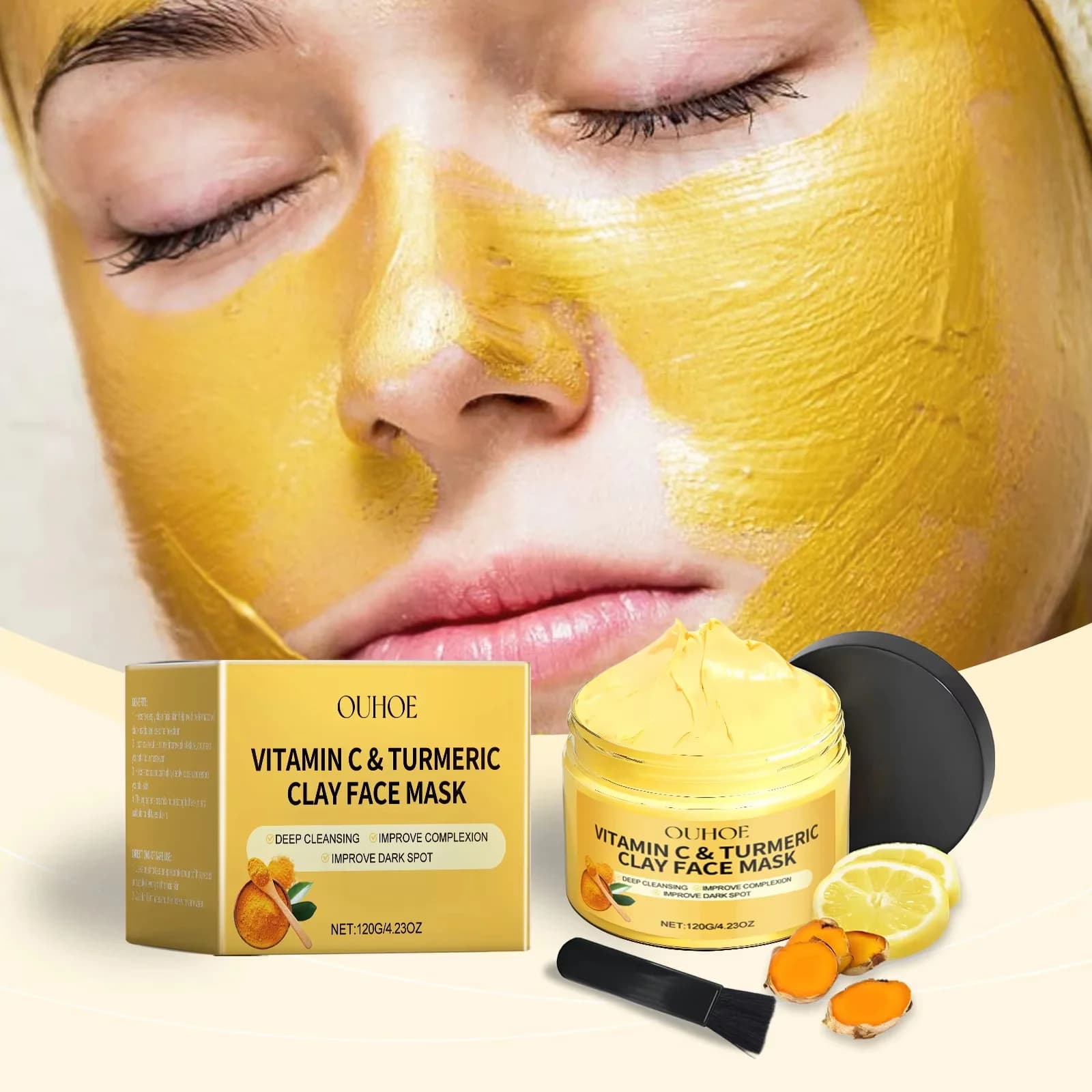 Curcuma and Vitamin C clay mask, Deep Face Cleansing, Improves Scure Machies, Skin Hydratation, Rassoda and Uniforms Skin Tone