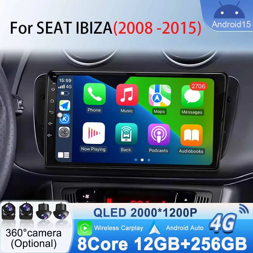 9 Inch Car Radio Stereo Player for Seat Ibiza 2008 2009- 2015 Android 15 Multimedia Video Carplay GPS Navigation BT Android Auto