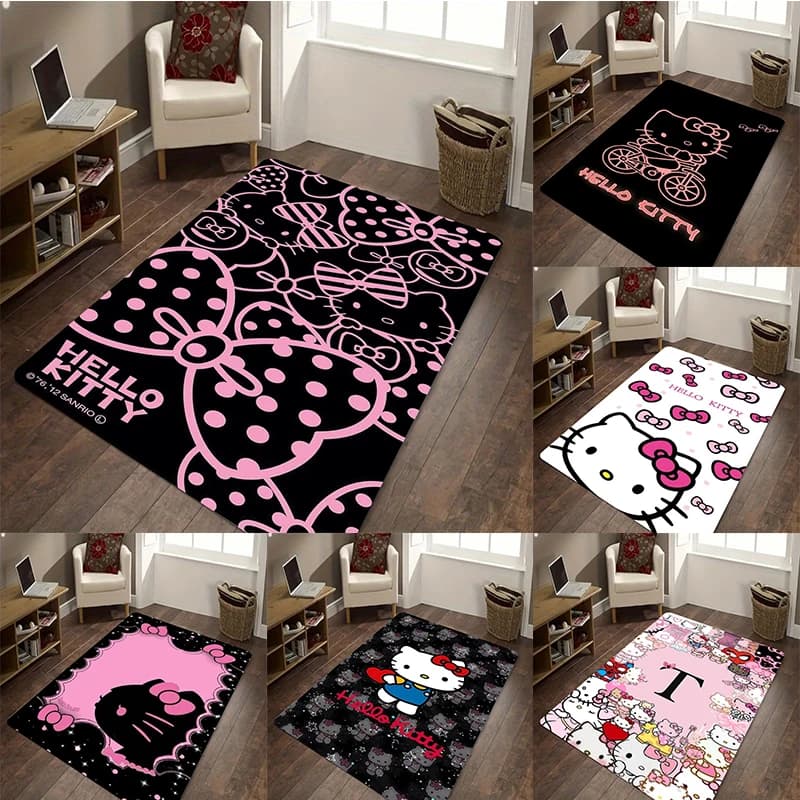 Sanrio Kawaii Hello Kitty Bow Line Black Rug Non Slip Floor Mat For Kids Bedroom Playroom Indoor Living Room Decoration Use