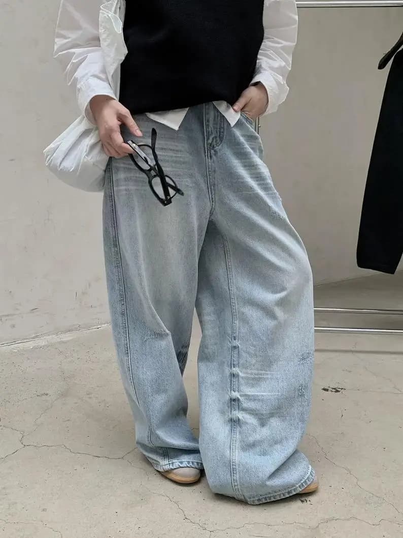Washed Wide Leg Denim Jeans Women's Autumn Design Sense Cuff Ripped Floor-Length Pants American High Street Style