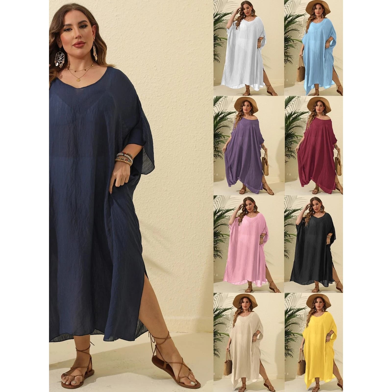 Ladies Floor-Length Beach Vacation Dress Loose Cover-Up Pure Color Open Split Long Gown Maxi Dress for Women