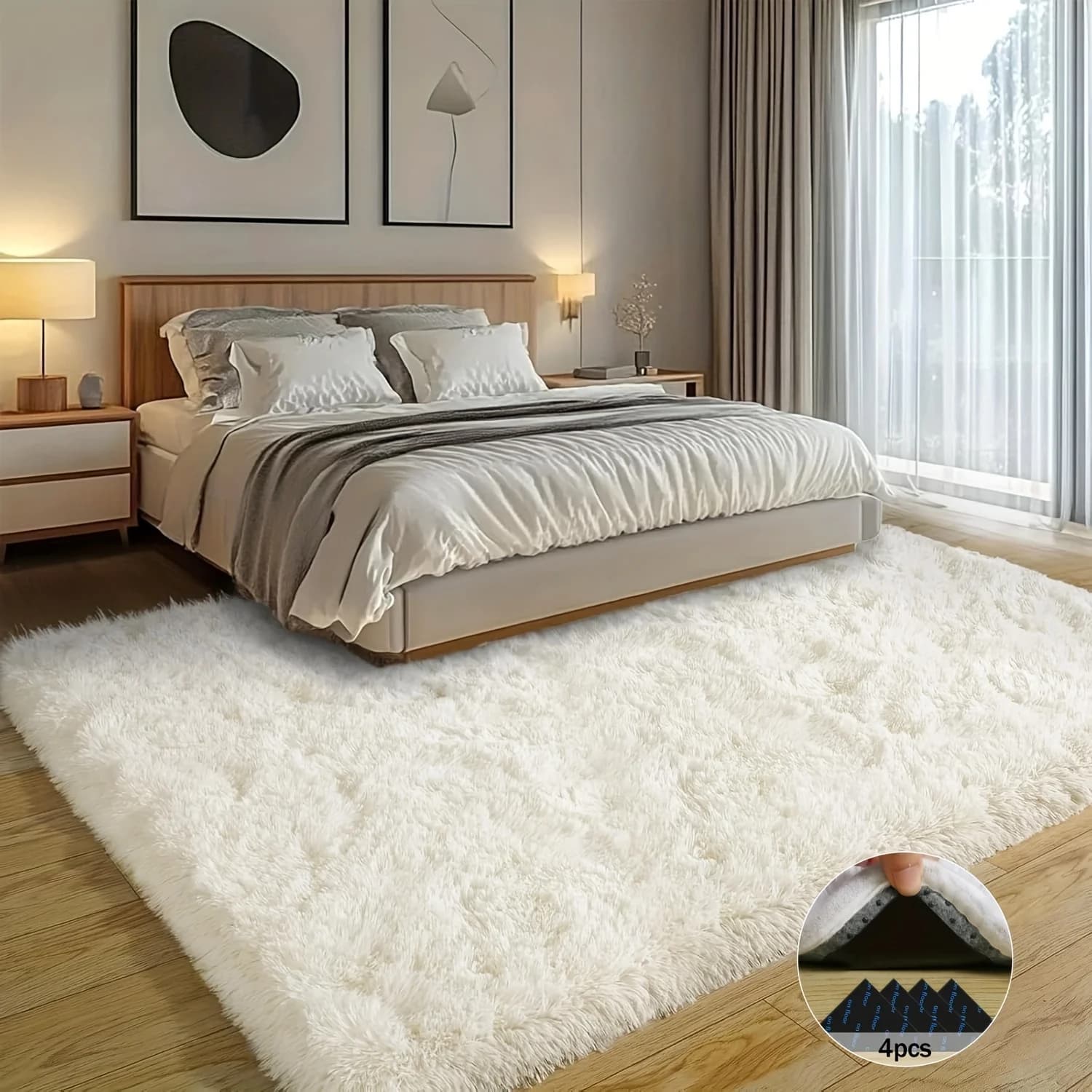 Soft and hairy non-slip carpets in white dirt color for living/bedroom/mother – Luxury plush carpet with 4 carpet stickers, ideal for the decor of the room