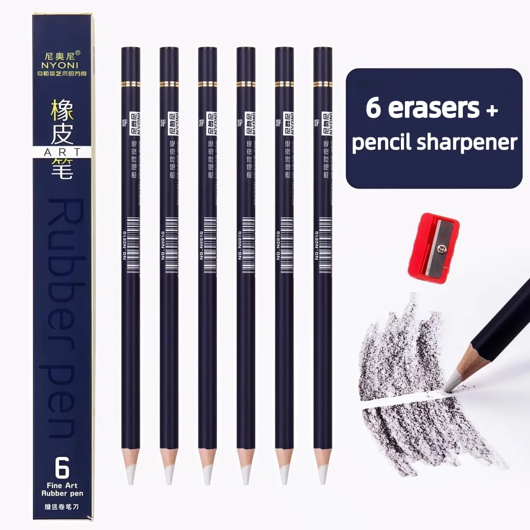 Art-Specific Pen-Shaped Highlighter Eraser, Neoni, 6-Piece Box Set, Break-Resistant Eraser, for Sketching, Quick Drawing, Detail Highlighting, and Drawing Supplies