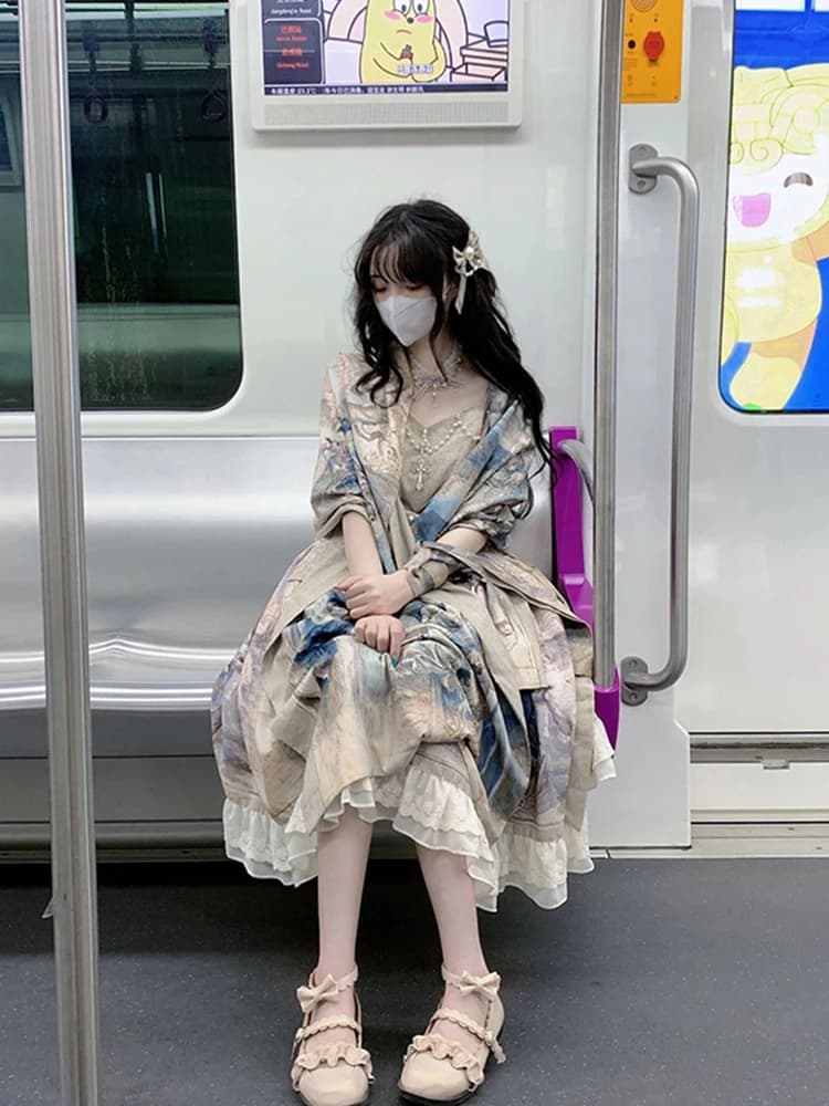Abito Lolita JSK a vita alta con gonna lunga effetto pittura a olio e scialle, vestito monospalla stile dolce per donne curvy