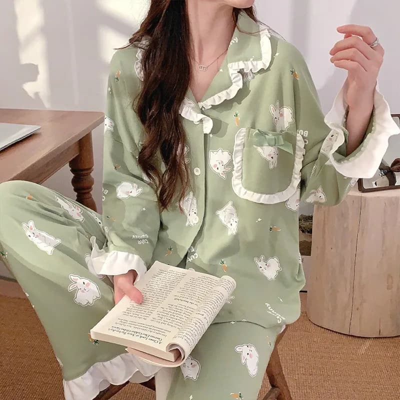 Young Lady Sleepwear Pajamas Set Satin Print 2Pcs Shirt&pants Nightwear Lapel Long Sleeve Home Clothes Outdoors Lounge Wear