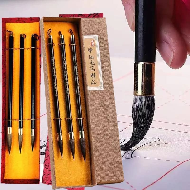 Premium Calligraphy Brush Set Luxury Wolf Hair Gray Tail 3-Piece Gift Box for Traditional Chinese Painting Calligraphy