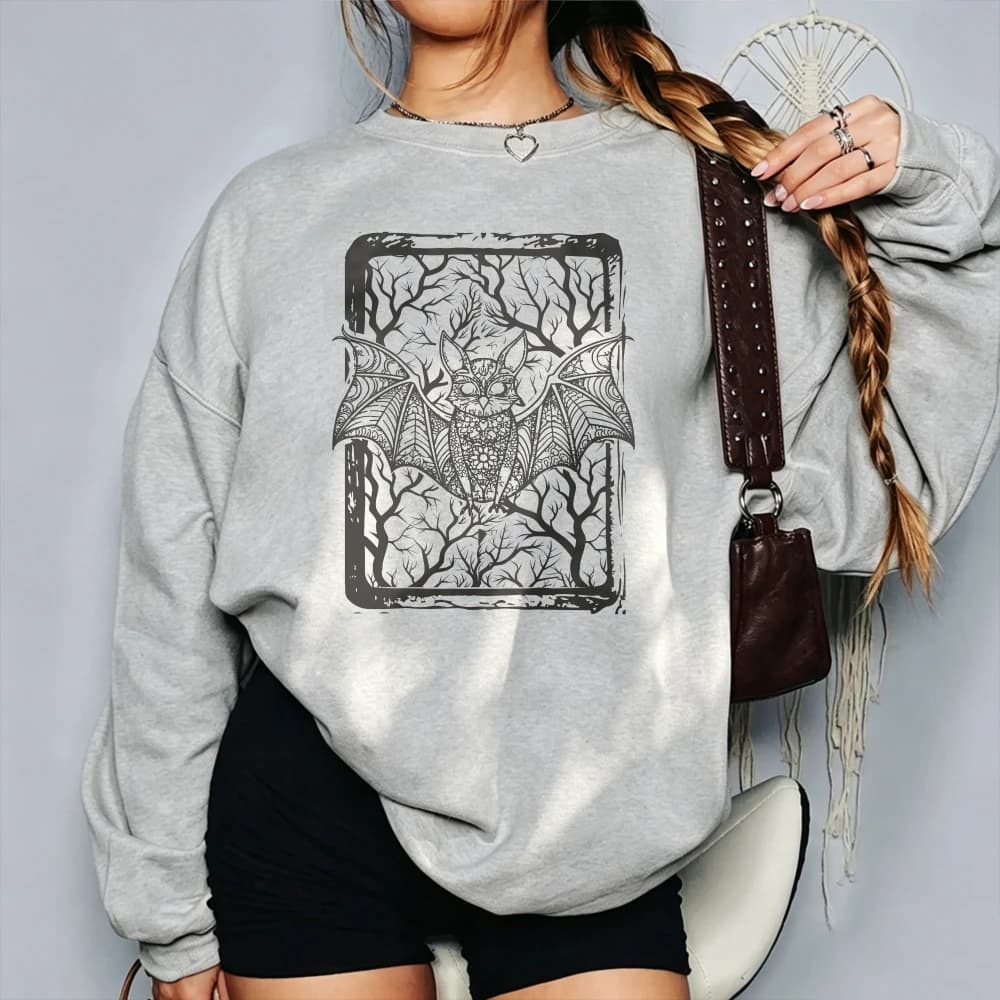 Vintage Tarot Card Bat Halloween Sweatshirt Gothic Dark Aesthetic Dead Tree Mysterious Spooky Fall Holiday Pullover Sweatshirt