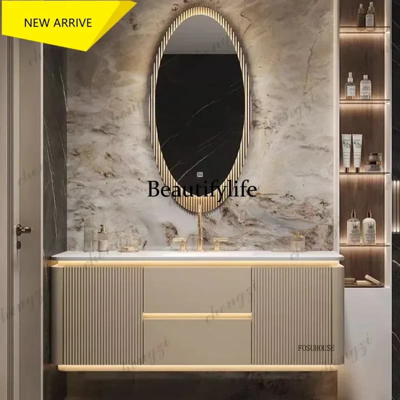 M178 Luxury Bathroom Vanity Cabinets Set Modern Slate Single Double Basin Nordic Oak Storage Bathroom Sink Cabinet with Mirror