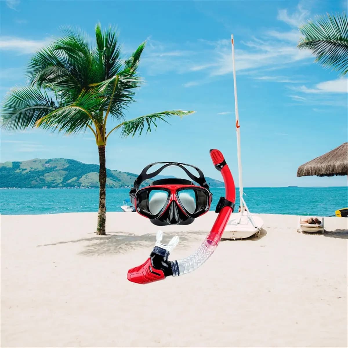 Double lens snorkeling mask with respiratory tube, diving glasses set with adult silicone skirt 18+ years Red