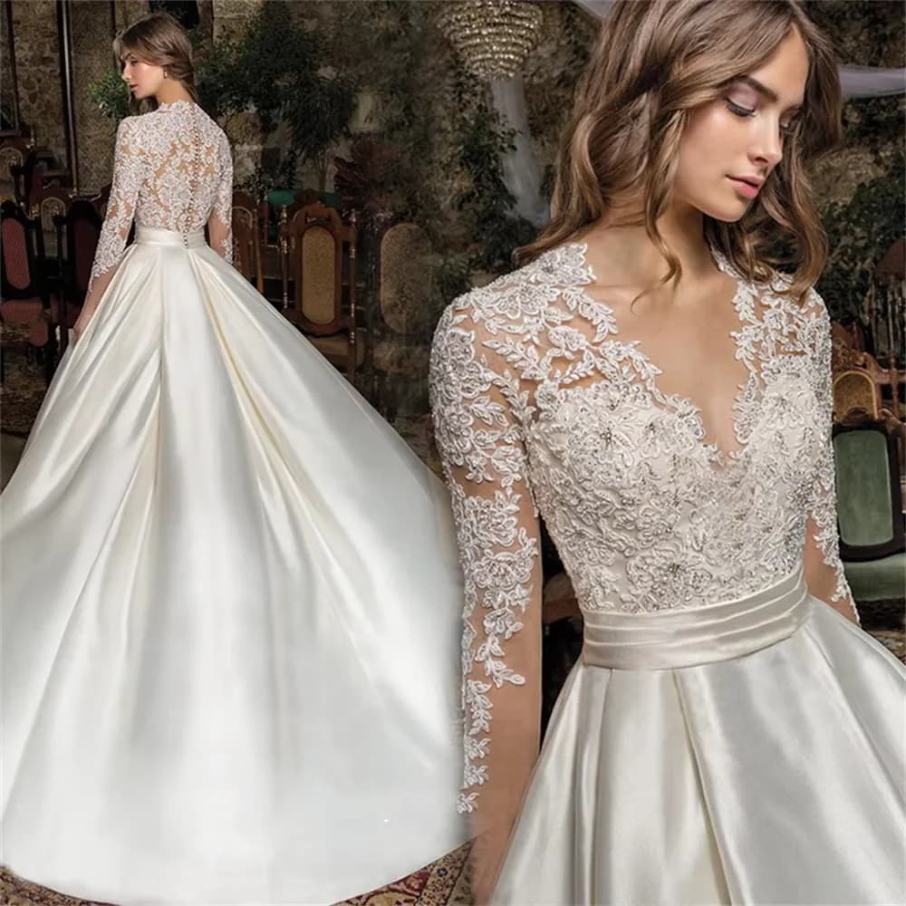 Abiti da sposa squisiti personalizzati Una linea Abiti da sposa Maniche lunghe in pizzo Abiti da sposa senza schienale Abiti da principessa De