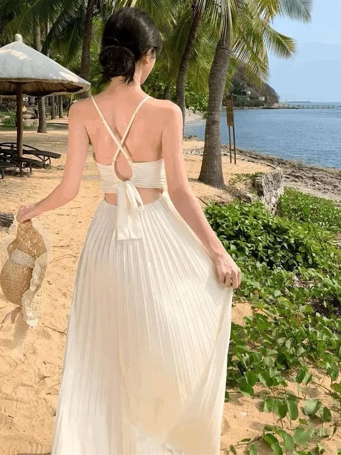 Summer Beach Vacation Style White V-Neck Backless Strap Dress Women Sexy Beach Fairy Long Skirt Breathable Comfortable A-Line