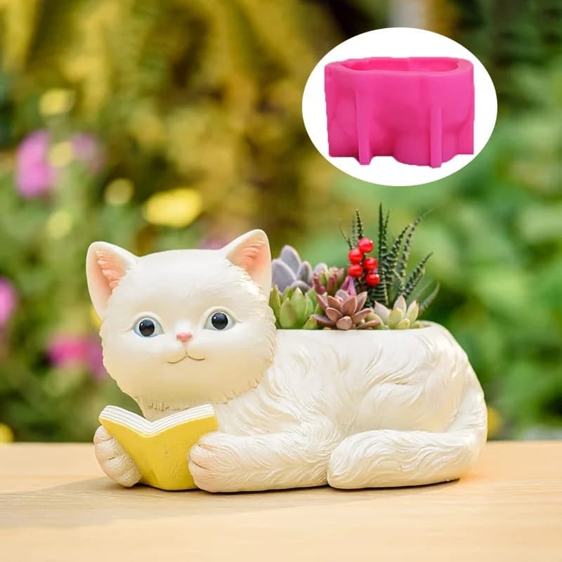 Porta libri Gatto Pianta grassa Vaso di fiori Stampo in silicone in resina Scatola di immagazzinaggio per gatti carino Stampo in cemento Stampo per candela per gatti Stampi in gesso