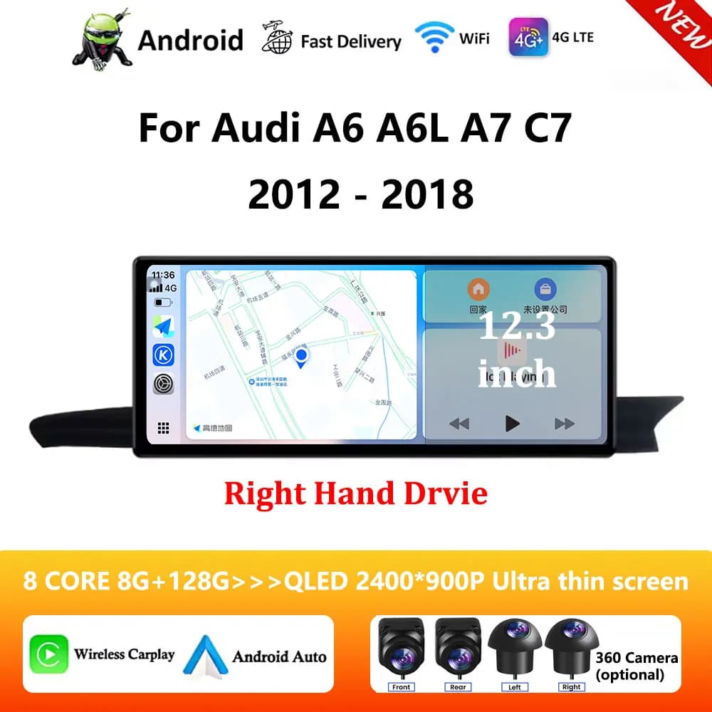 Autoradio Wireless CarPlay con Lettore Multimediale Video, GPS, WIFI, Android 16, Guida a Destra per Audi A6 A6L A7 C7 2012 - 2018