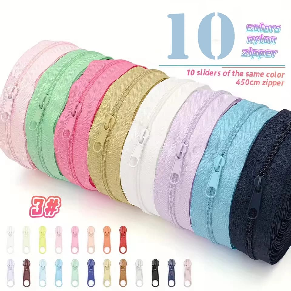 Cerniere da 4,5 metri + 10 teste di cerniera No3 Nastri con cerniera in nylon Cursore della stessa cerniera colorata per abbigliamento Kit di riparazione per chiusura da cucito