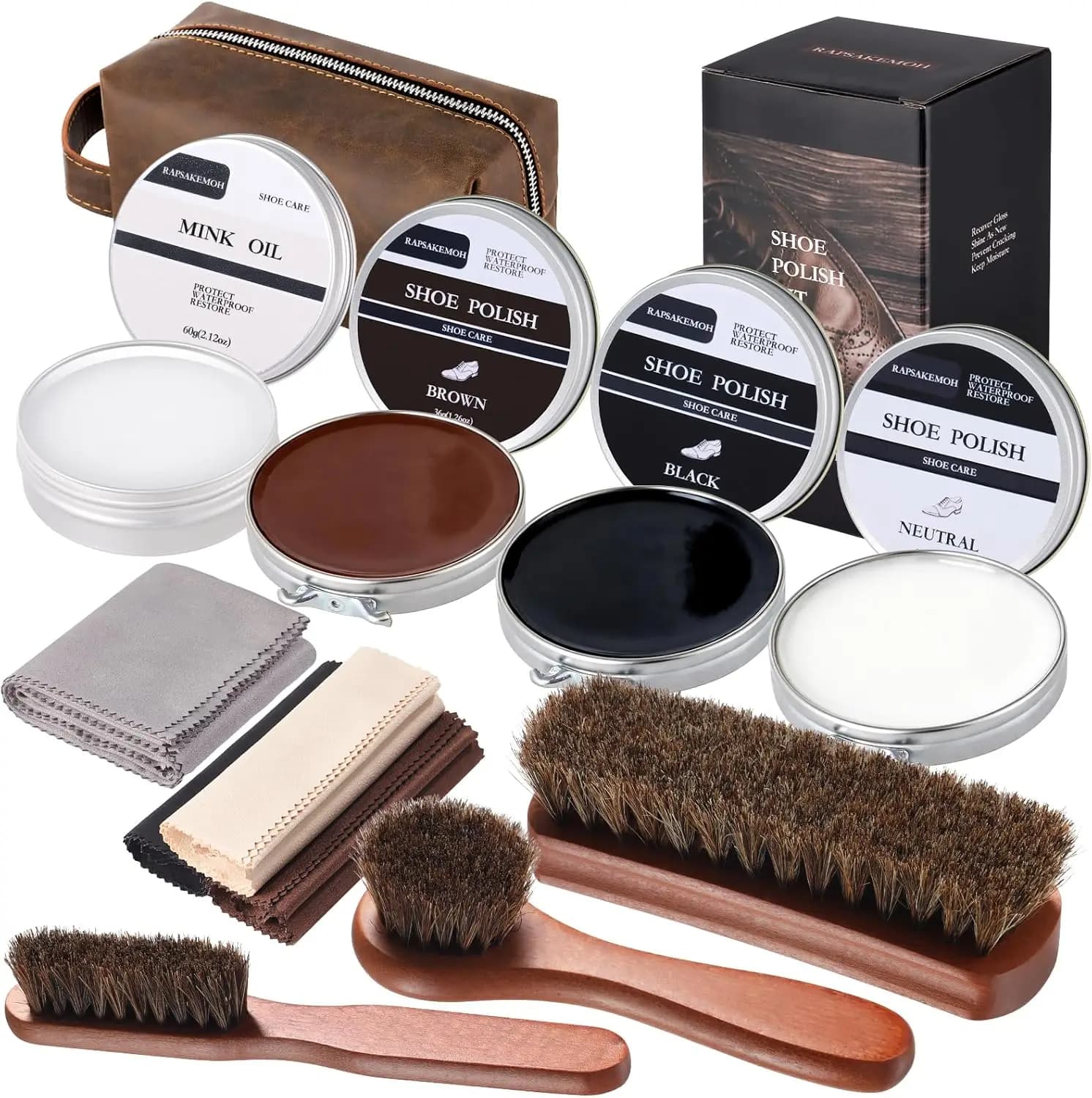 Kit per la cura delle scarpe, kit lucidante per scarpe con spazzola in crine di cavallo per uomo, kit lucidante per scarpe e stivali