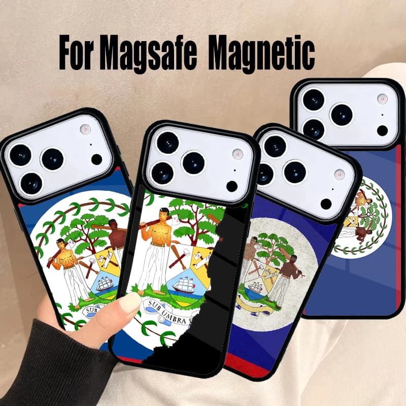 Custodia per telefono con bandiera del Belize per iPhone 17 Air 16e 15 14 13 12 11 Pro Max Plus, Cover Magnetica Wireless Magsafe
