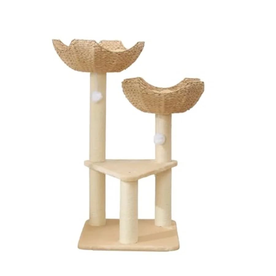 Tiragraffi per Gatti con Cesto in Vimini, Grande Cuccia e Postazione Finestra per Gatti di Taglia Grande fino a 11 kg, Marrone, Materiale Naturale Durevole