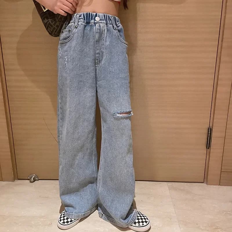 Jeans alla Moda per Ragazze, Gamba Larga Strappata, Vita Alta, Pantaloni Casual Primaverili Stile Hong Kong