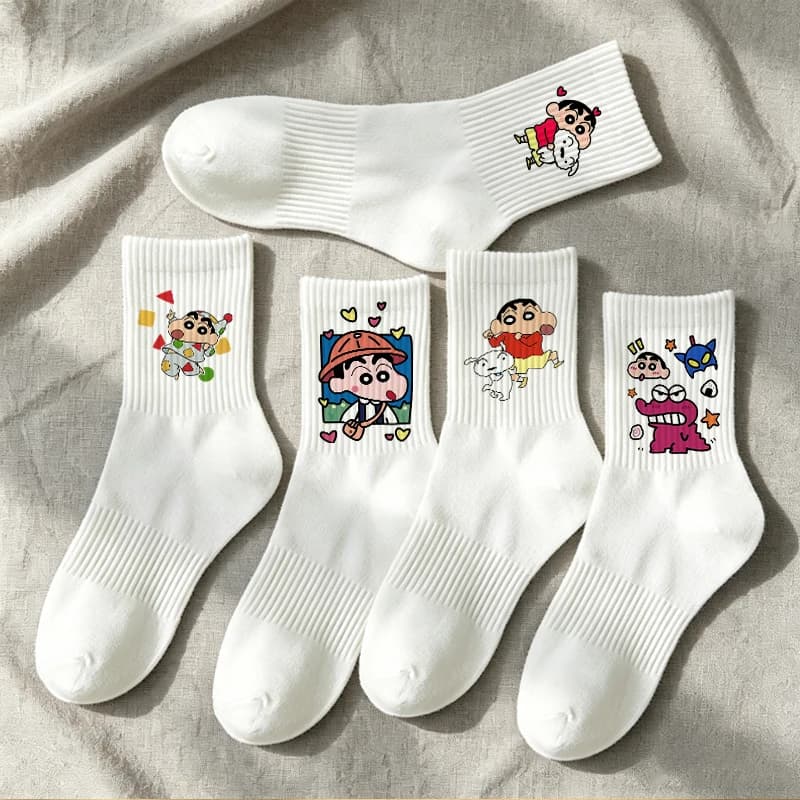 Crayons Shin-chans Mid-Tube Socks 1/5pairs Women Men Cotton Print Novelty Socks Cartoon Unisex All Seasons Absorb Sweat Socks