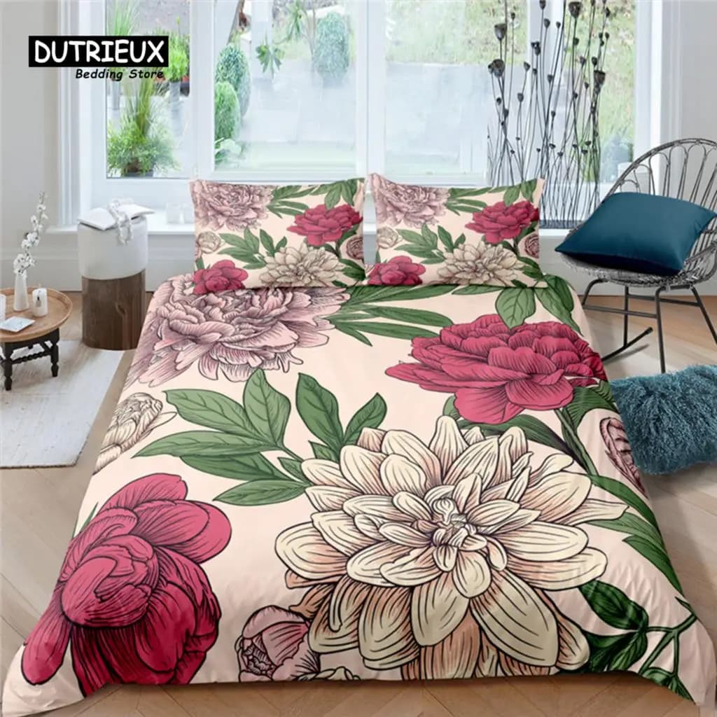 Home Living Luxury Peony Flower Print 2/3 pezzi Set copripiumino Federa Queen Size e King Size Set biancheria da letto per bambini EU/US/AU Size