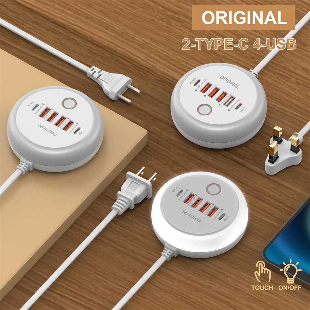 Caricatore da parete con presa EU/US/UK/KR a 6 porte, multipresa con splitter 3.0, caricatore per cellulare con luce notturna a LED touch.
