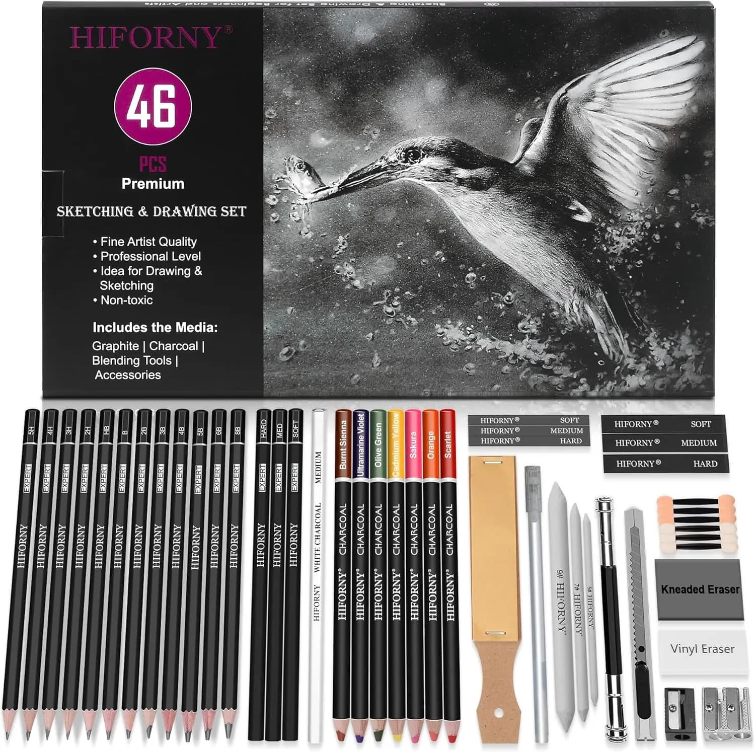 46 Pcs Sketching Drawing Pencil Set, Art Supplies with Colored Charcoal Pencils, Graphite, Blending Tools, Drawing Kit for Adults Artists