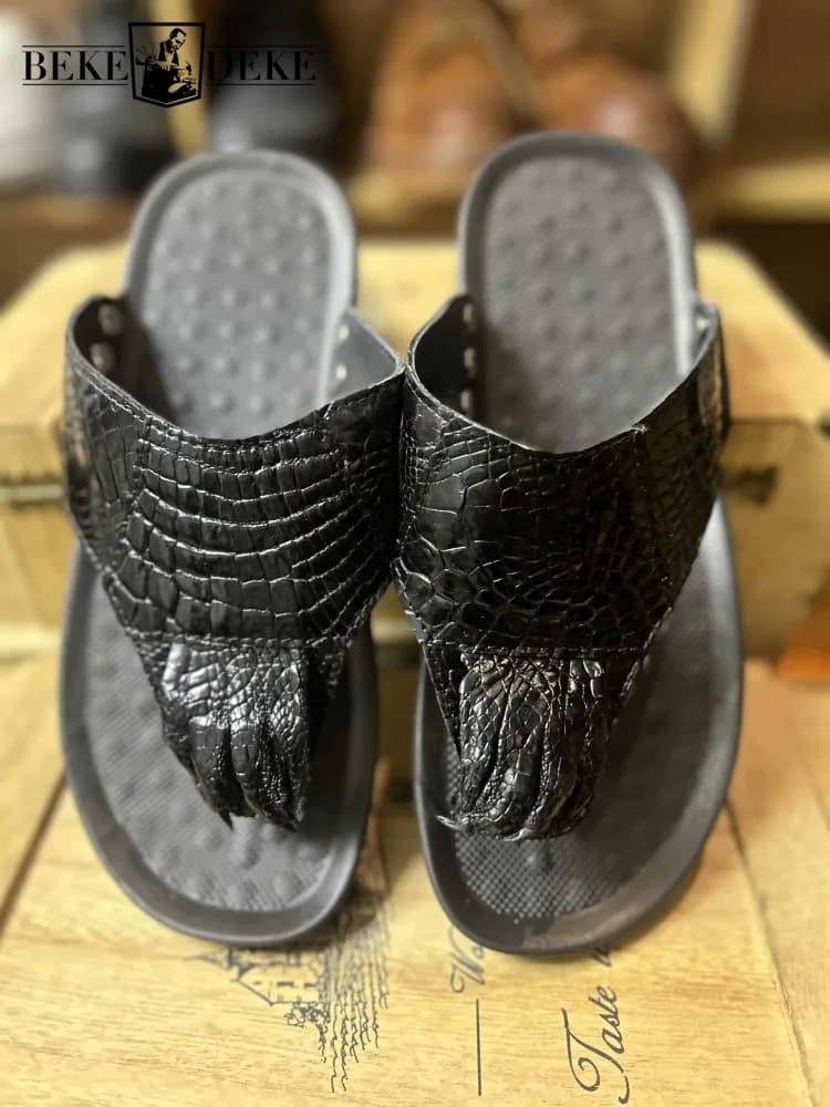 Summer Footwear Genuine Leather Mens Flip Flops Fashion Crocodile Skin Outside Casual Flat Shoes Black Clip Toe Beach Slippers