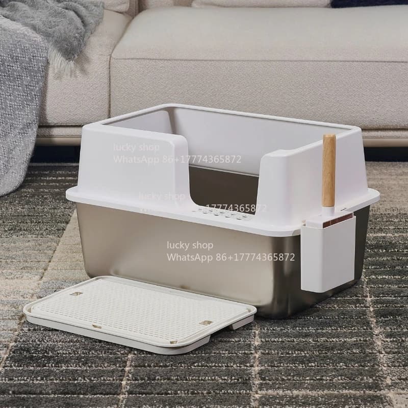 Lettiera per gatti oversize aperta Toilette per gatti con apertura laterale in acciaio inossidabile Fondo antiaderente antispruzzo