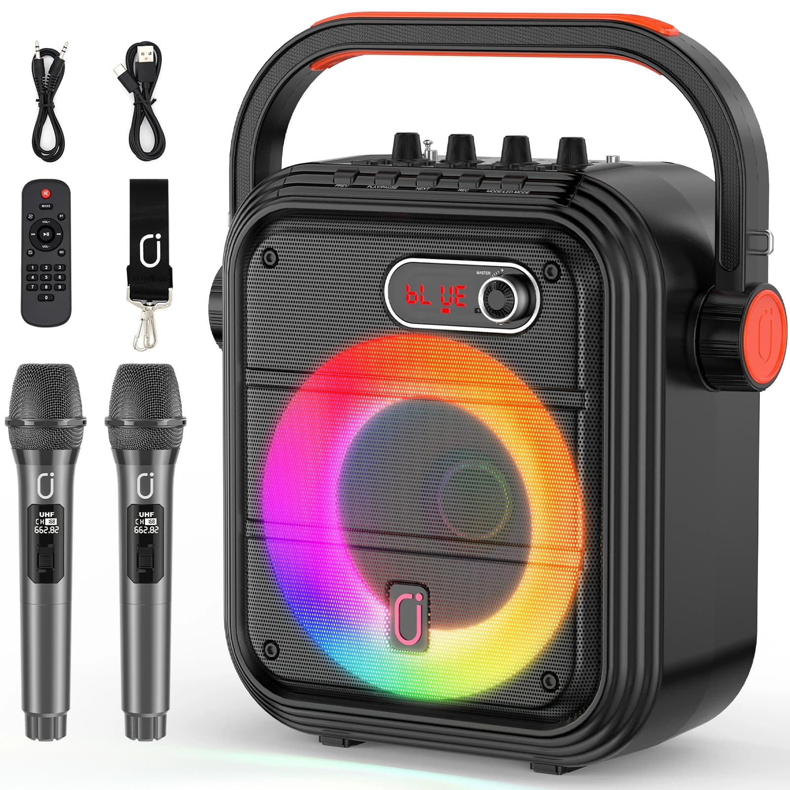 Macchina per Karaoke con 2 Microfoni Wireless, Altoparlante Bluetooth Portatile con Luce RGB, Supporta TF/USB, AUX, FM, Registrazione, TWS