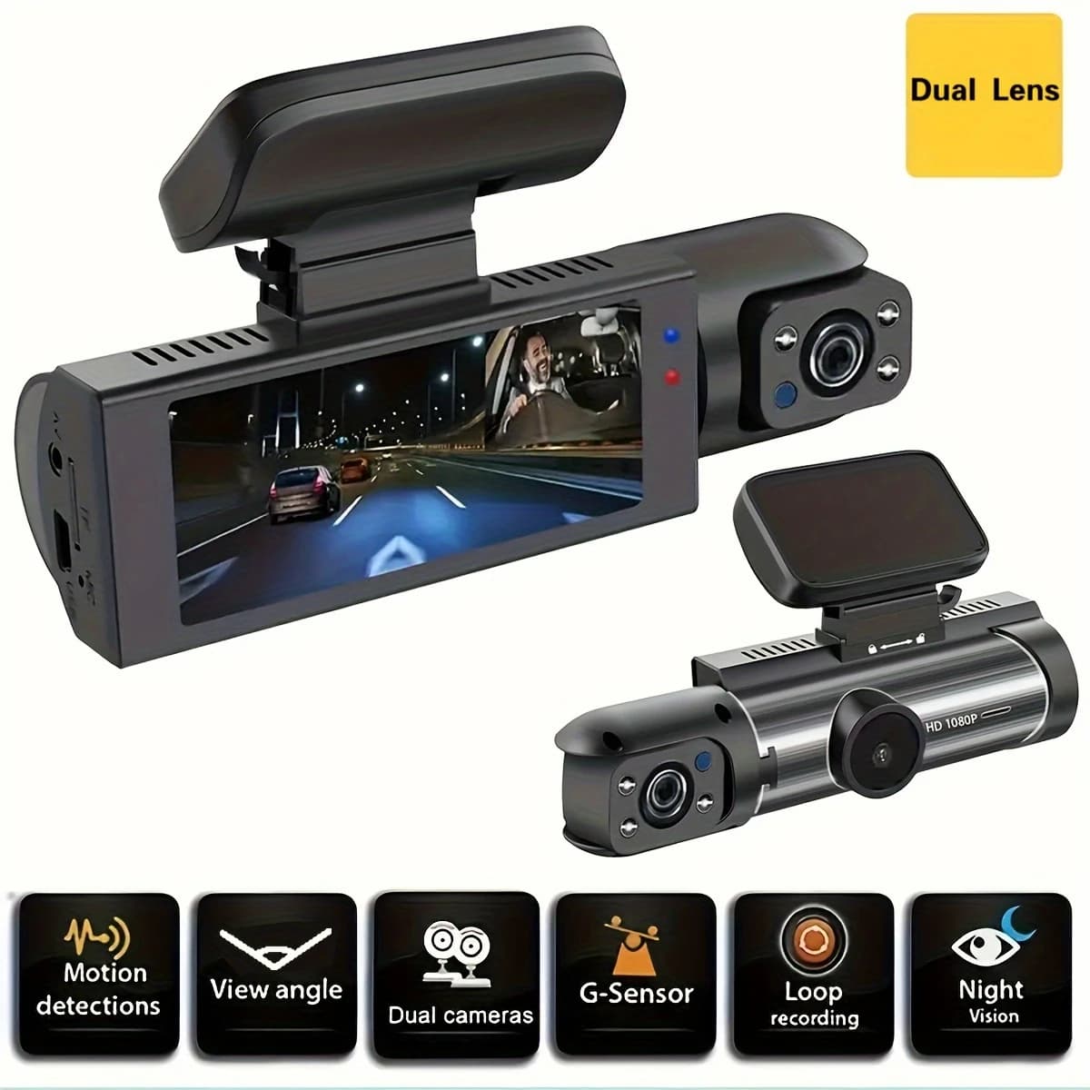 Dash Cam double HD 1080p for car – Front cover and cabin with night vision IR, wide angle, 3,16 inch IPS display