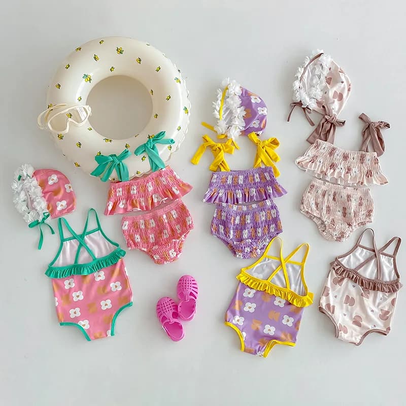 2026 Summer New Baby Cute Bikini Split Swimsuit 3pcs Suit Newborn Flower Sling Bathing Suit Infant Toddler One Piece Swimsuit