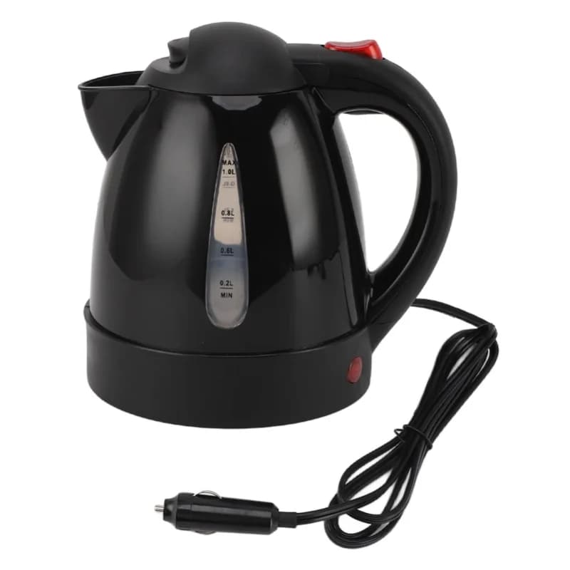 1L Electric Kettle 150W Black Stainless Steel Liner Hot Water Boiler With Auto Shut Off For Car 12V Cigarette Plug Road Trip