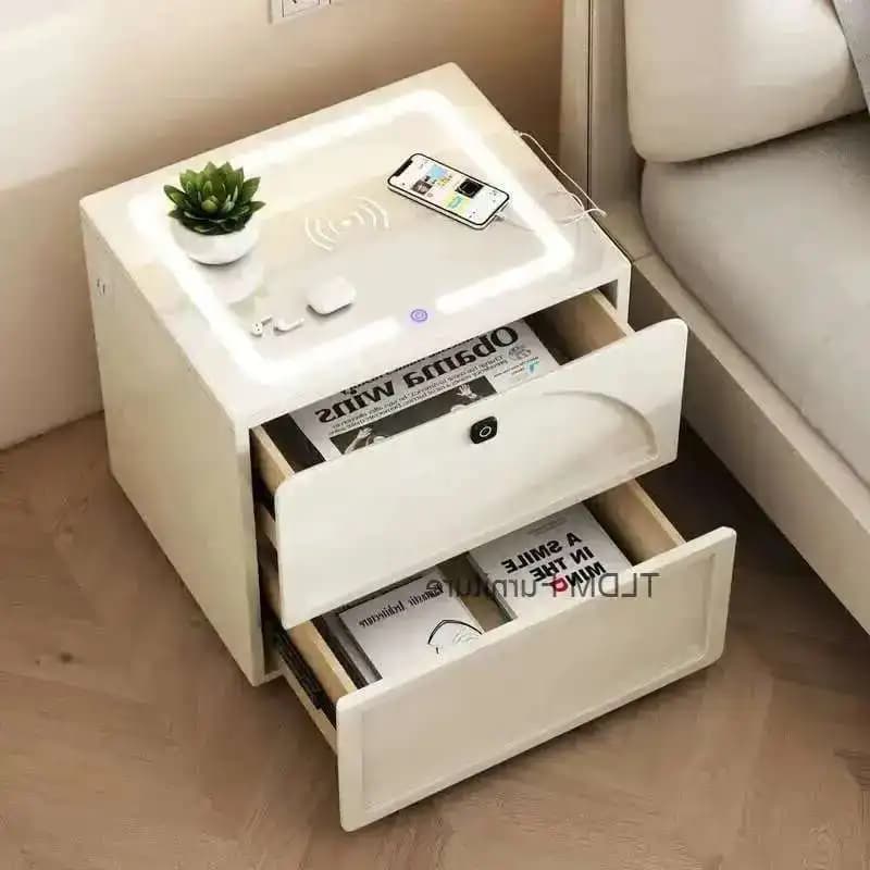 Comodini intelligenti bianchi Ricarica wireless Blocco impronte digitali Letto Scrivania Comodini moderni Cassetto Mobili Criado Mudo