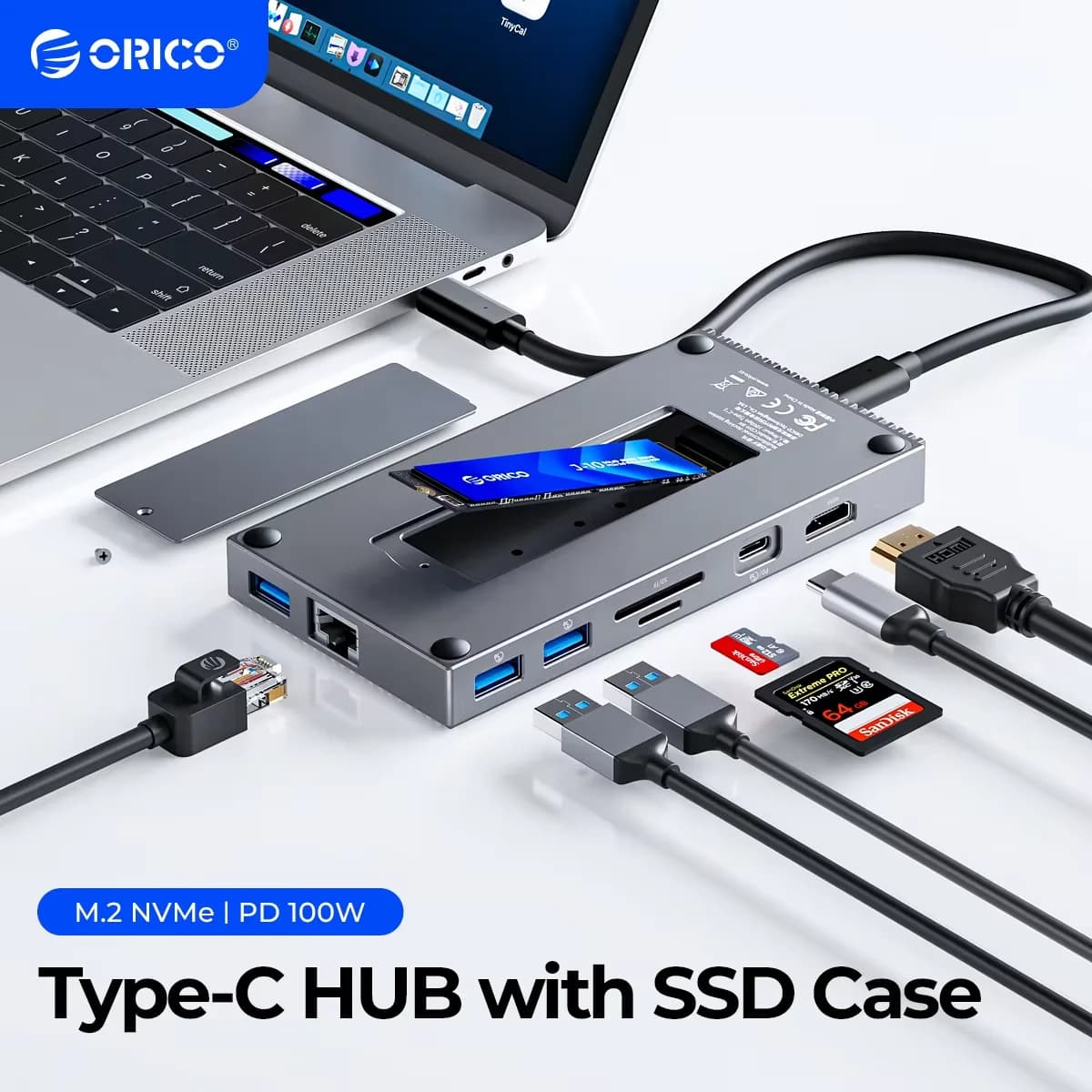 Hub USB C ORICO con Enclosure Esterno per SSD M.2 NVMe, Adattatore USB 3.1 10Gbps 4K30Hz, Ricarica PD100, RJ45, Docking Station Type-C
