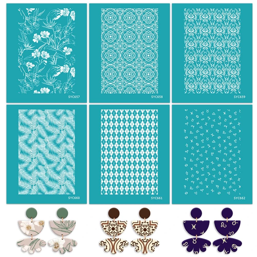 6 Stili di Stencil Floreali e Zodiacali Vintage per Serigrafia su Argilla Polimerica, Strumenti di Trasferimento Riutilizzabili con Stampa Argyle/Foglia per Orecchini Fai-da-Te