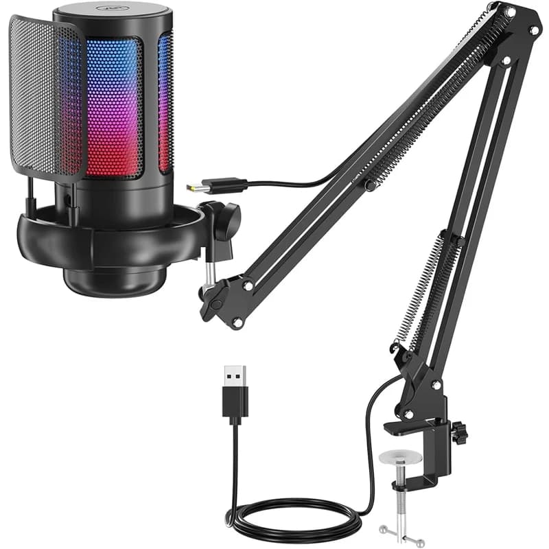 Microfono USB con cancellazione del rumore Microfono a condensatore Staffa di sospensione RGB per lo streaming Podcast Twitch YouTube Discord PC PS4 PS5