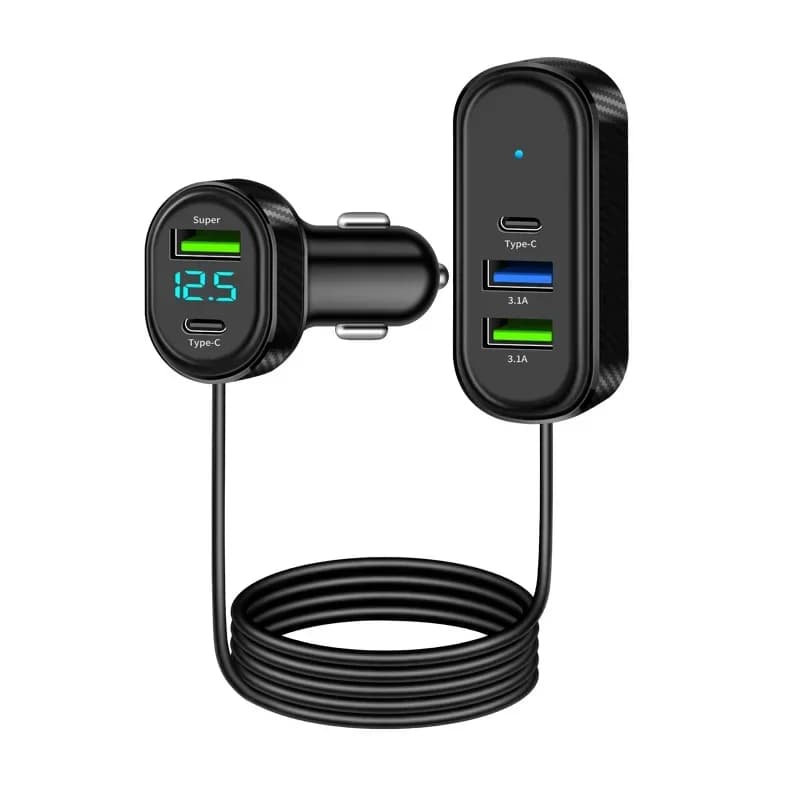 Caricabatterie per auto 5 in 1 da 12V-24V 100W max, ricarica super rapida 66W, doppia USB + Type C con display della tensione, cavo da 150 cm per iPhone/Android
