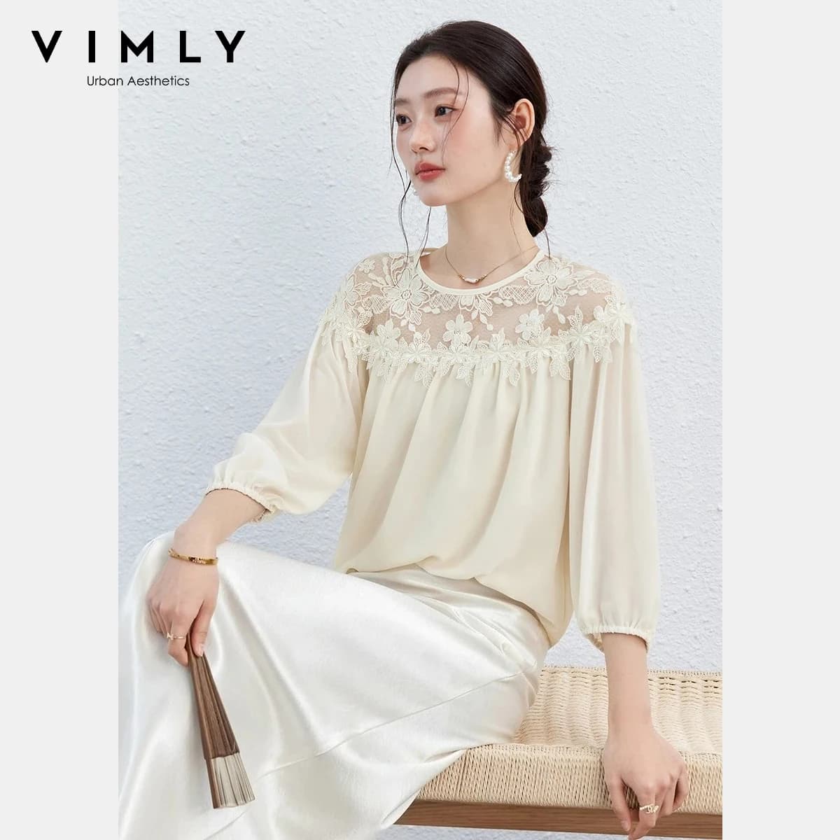 VIMLY Women's Elegant Solid Blouse 2026 Spring New French Lace Trim Patch Round Neck 3/4 Puff Sleeve Casual Chiffon Shirt A5112
