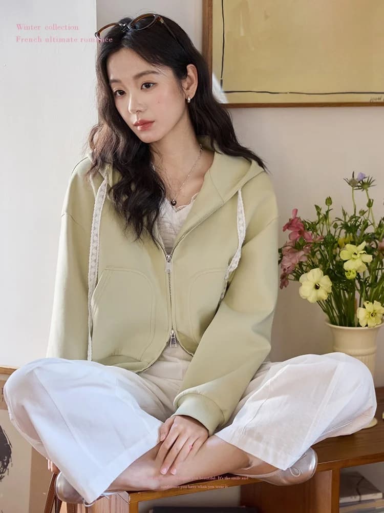 Moriirose Green Lace Hoodie Sweater Coat Women Spring Commute Short Top Hat Rope Open Cardigan Cotton Polyester Spandex