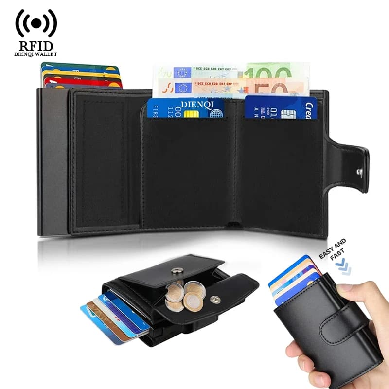 Metal Business Card Case Rfid Credit Card Holder Black Trifold Wallet with Hasp Small Money Bag Male Coin Purses Wallets for Men