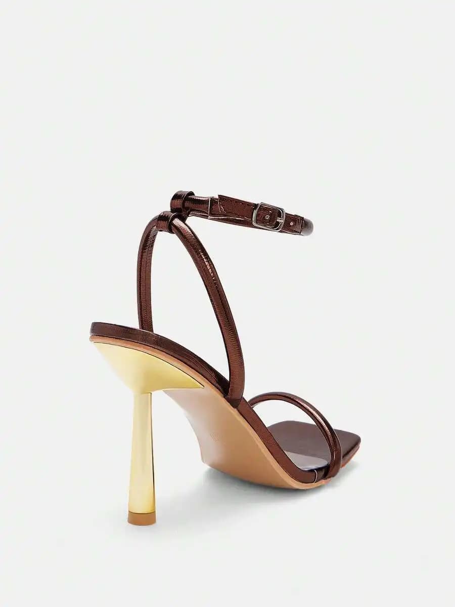 Womens Square Toe Bronze Ankle Strap High Heel Party Sandals