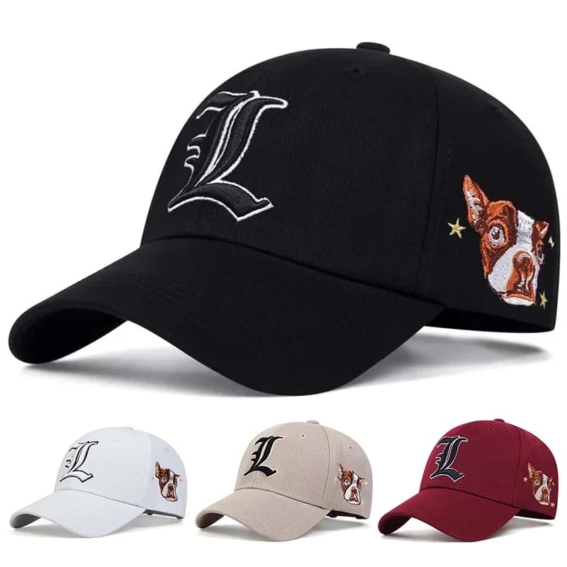 Berretti da baseball ricamati con testa di cane laterale con lettera L unisex Cappelli casual regolabili per esterni primaverili e autunnali Cappello per protezione solare Berretto sportivo